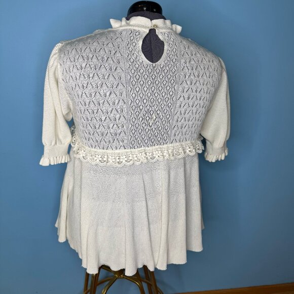Cream Crochet and Knit Sweater with Lace Trim - L - Picture 5 of 9